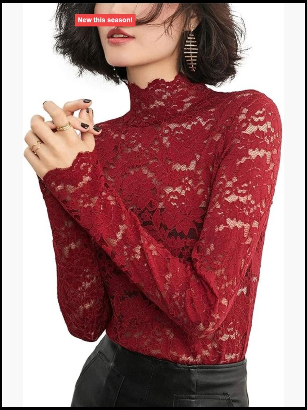 Floral Lace Top Long Sleeve Mock Neck Blouse Tunic